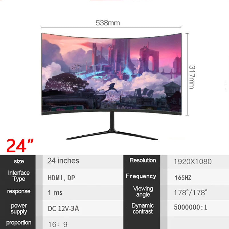 165hz Monitors Gamer 24 inch 1920* 1080p LCD Curved Monitor PC HDMI Compatible monitor desktop HD gaming Monitor 144hz displays